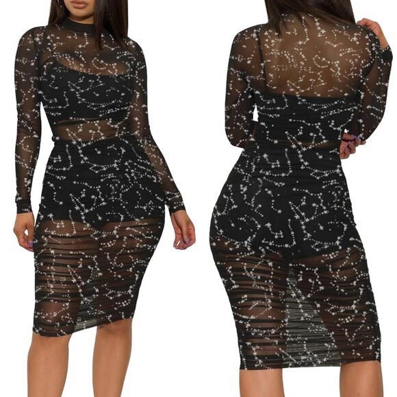 Black Mesh Long-Sleeve Bodycon Dress Sz M Star Constellation Print Witchy Gothic - Picture 2 of 13